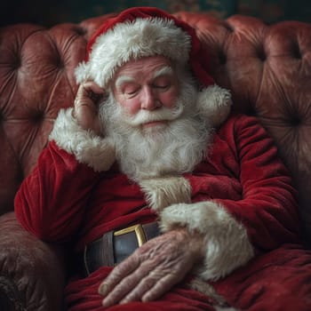 A tired Santa Claus in a red suit and hat takes a peaceful rest in a plush cushioned chair surrounded by festive decor.