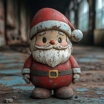 A weathered Santa figurine stands quietly in a dusty abandoned building showcasing faded colors and a nostalgic charm.