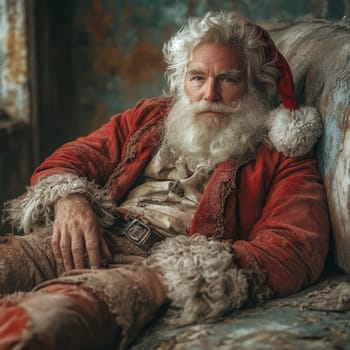 An elderly man dressed as Santa Claus lounges on a vintage couch exuding warmth and holiday spirit in a charming environment.