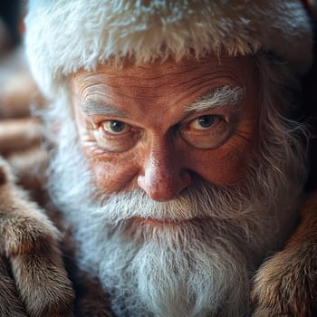 A joyful man with a white beard smiles softly dressed as Santa Claus in a warm and inviting holiday environment.