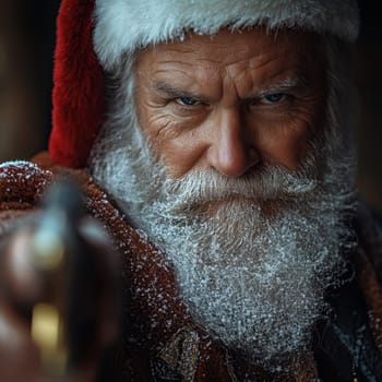 Santa Claus poses with a toy gun displaying a fierce expression adorned with snow and a classic red hat during winter festivities.