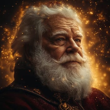 An elderly man with a majestic beard looks thoughtfully into a cosmic backdrop filled with stars and glowing particles.