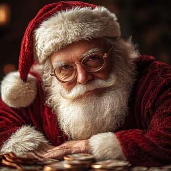 A jolly man in a red suit with glasses sits among coins embodying the spirit of Christmas and joy during the festive season.