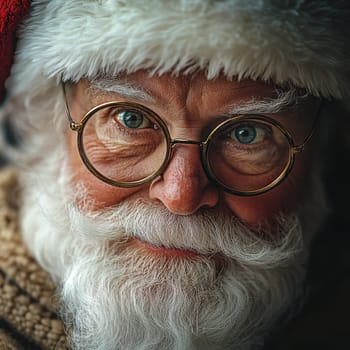 An elderly man with a white beard and glasses smiles warmly while wearing a red Santa hat radiating festive cheer and kindness.