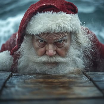 A man dressed as Santa Claus struggles to climb out of turbulent waters showcasing determination against the harsh winter elements.