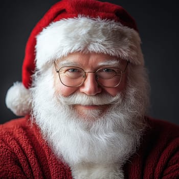 A joyful Santa Claus with a snowy beard and glasses presents a friendly smile embodying the festive spirit of the holiday season.