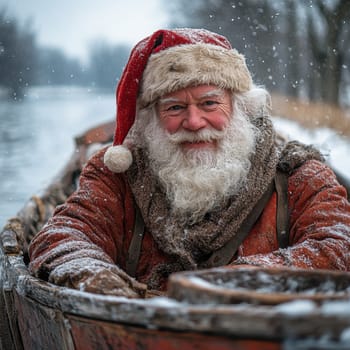 A cheerful figure dressed as Santa Claus is sitting in a boat surrounded by snowflakes and a scenic winter river landscape.
