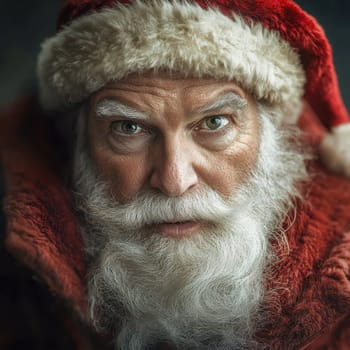 A man dressed as Santa Claus shows a serious expression sporting a red hat and coat with a long white beard during the holiday season.
