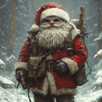 Santa Claus walks through a snowy forest wearing a traditional red outfit and carrying a satchel filled with gifts for children.