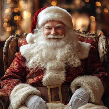 A jovial man dressed as Santa sits in a plush chair surrounded by festive decorations during the holiday season embodying the spirit of Christmas.