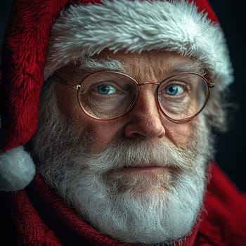 A man with glasses and a white beard wears a red Santa hat looking directly at the camera with a serious expression in winter.