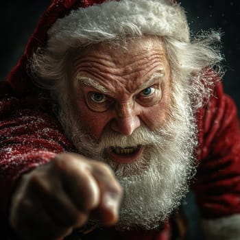 A fierce looking Santa Claus points aggressively with an intense expression surrounded by a snowy backdrop embodying holiday spirit.