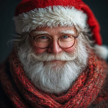 An elderly man wears a Christmas hat and a cozy scarf exuding warmth and joy during the holiday season with a friendly smile.