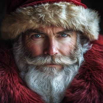 A cheerful man with a white beard and a red fur hat poses warmly embodying the spirit of the holiday season.