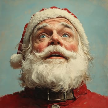 Santa Claus with a joyful expression gazes upwards showcasing his iconic beard and festive attire embodying the spirit of Christmas.