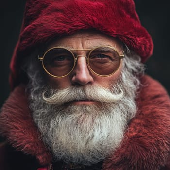 An elderly man with a striking white beard wears a red hat and round glasses exuding a wise and whimsical charm during the festive season.
