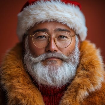 A joyful man in a Santa hat and fur coat smiles warmly embodying the spirit of the holiday season with a cozy ambiance.