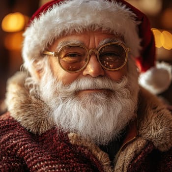 A jolly man wearing a Santa hat and glasses exudes warmth showcasing a festive atmosphere enhanced by soft lights in the background.