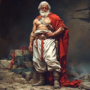 A strong figure dressed in white and red stands confidently among wrapped gifts surrounded by snow and the spirit of the season.