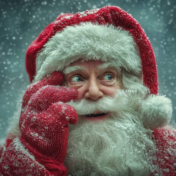 Santa Claus joyfully embraces the Christmas spirit while surrounded by falling snowflakes creating a magical winter atmosphere.