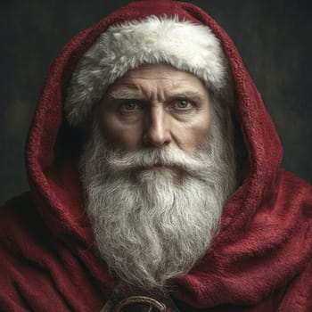 A bearded man dressed as Santa wearing a red cloak and hat has a serious expression exuding a classic holiday spirit during winter.