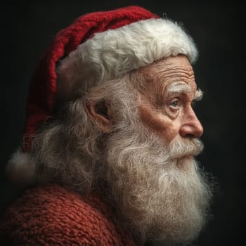 An elderly man with a long white beard wears a festive Santa hat and a cozy red sweater embodying the spirit of Christmas.