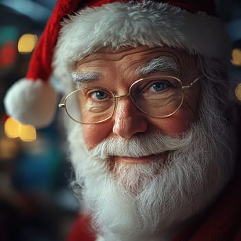 A joyful Santa Claus with spectacles and a red hat smiles warmly while surrounded by holiday decorations in his workshop.