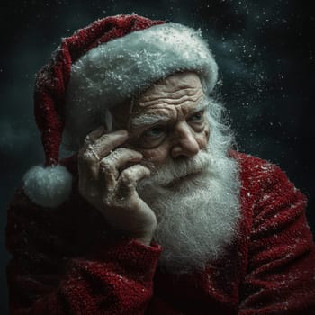An elderly man dressed as Santa Claus ponders thoughtfully surrounded by falling snow and a dark wintry backdrop.