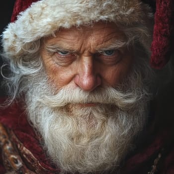 A stern looking Santa Claus displays deep emotion in his gaze wearing a classic red hat and white beard embodying winters spirit.
