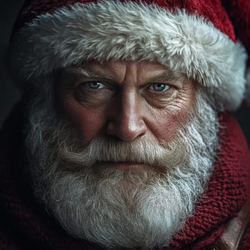 A man dressed as Santa Claus stares intently with a serious expression. His white beard and red attire embody classic holiday spirit.