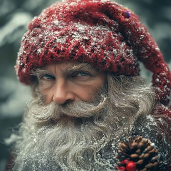 A winter character with a long beard and red hat gazes intently in a snowy forest setting evoking a festive atmosphere.