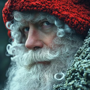 A man with curly white hair and a red hat gazes thoughtfully while wearing a Santa Claus costume in a natural setting.