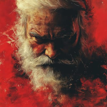 An elderly man with a white beard stares with determination set against a vibrant red background that evokes strong emotions.