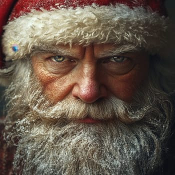 A bearded man wearing a red Santa hat looks intently his beard dusted with snow creating a festive and enchanting atmosphere.