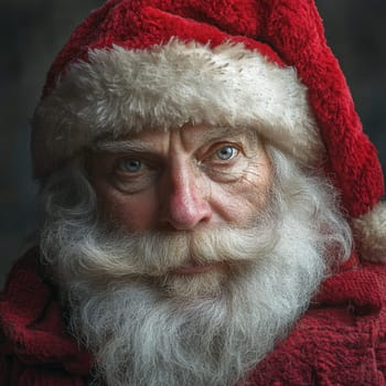 An older man with a long white beard wears a vibrant red hat and cloak showcasing a warm smile that evokes holiday spirit.