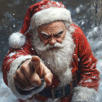 A stern Santa Claus dressed in red fur stands amidst falling snow firmly pointing a finger as if admonishing children for misbehavior.