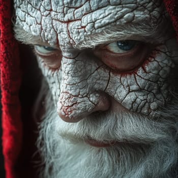 An elderly man with textured skin and a red hood stares intently evoking a sense of mystery and age in a cold setting.