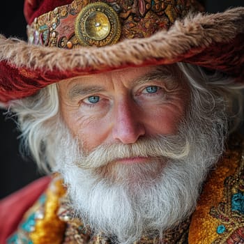 An elderly man displays a majestic expression while wearing a lavish hat and colorful garments exuding wisdom and charm.