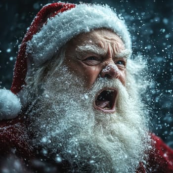 An enthusiastic Santa Claus is shouting joyfully while surrounded by falling snowflakes during the festive season.