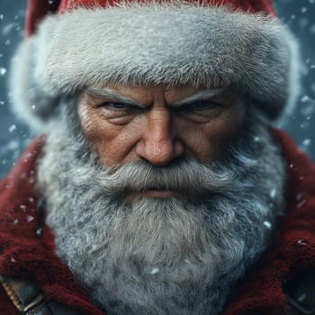 Santa Claus stands with a serious expression surrounded by falling snow ready for the festive celebrations of Christmas Eve.