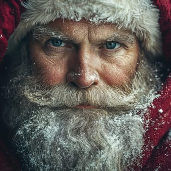 A cheerful old man dressed in festive winter clothing smiles warmly with snowflakes resting on his beard against a frosty backdrop.