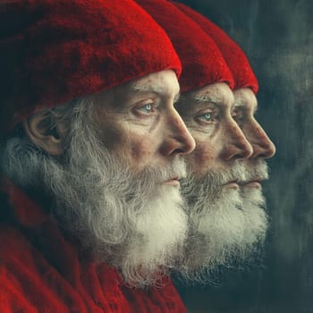 Three profiles of an elderly man wearing a red hat and cloak showcasing his wise expression and gray beard in soft light.