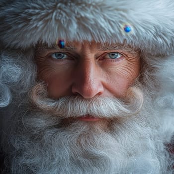 A man portraying Santa Claus gazes intently with bright blue eyes showcasing his fluffy white beard and festive hat during winter.