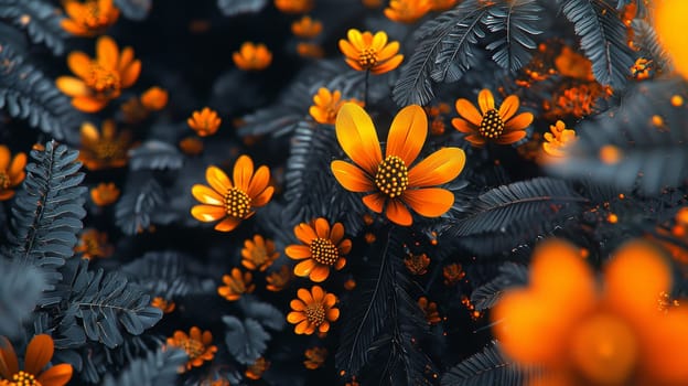 A hyper-detailed, high-resolution 3D rendering featuring an abstract floral-inspired design in vibrant orange and black. The intricate, high-contrast composition combines natural floral motifs with a modern, digital aesthetic, creating a visually rich and immersive background.
