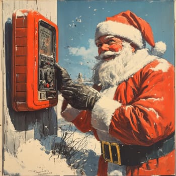 A jolly Santa Claus in a red suit talks on a vintage wall mounted phone amidst a snowy landscape showcasing a winter wonderland.