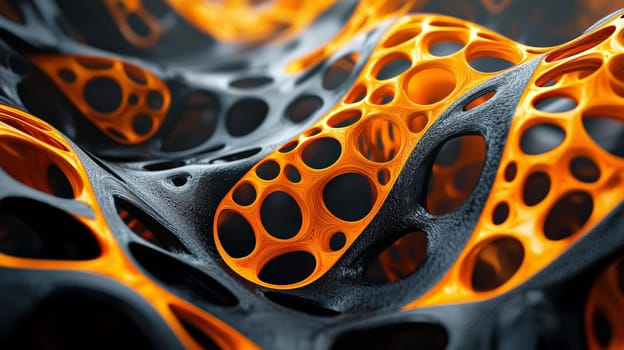 A hyper-detailed, high-resolution 3D rendering showcasing an abstract design in rich orange and black tones. The composition combines natural textures with a modern, high-contrast aesthetic, resulting in a visually compelling image that emphasizes depth and detail.