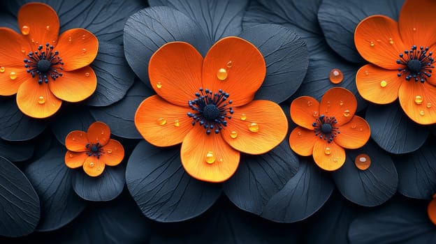 A hyper-detailed, high-resolution 3D rendering featuring an abstract floral-inspired design in vibrant orange and black. The intricate, high-contrast composition combines natural floral motifs with a modern, digital aesthetic, creating a visually rich and immersive background.