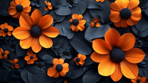 A hyper-detailed, high-resolution 3D rendering featuring an abstract floral-inspired design in vibrant orange and black. The intricate, high-contrast composition combines natural floral motifs with a modern, digital aesthetic, creating a visually rich and immersive background.