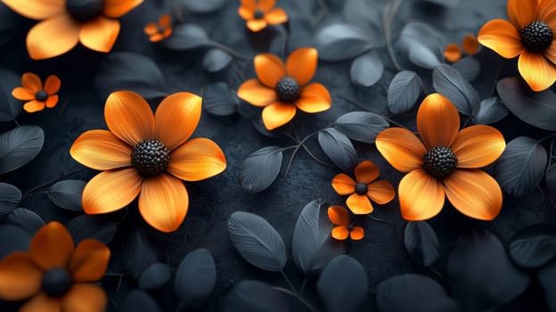 A hyper-detailed, high-resolution 3D rendering featuring an abstract floral-inspired design in vibrant orange and black. The intricate, high-contrast composition combines natural floral motifs with a modern, digital aesthetic, creating a visually rich and immersive background.