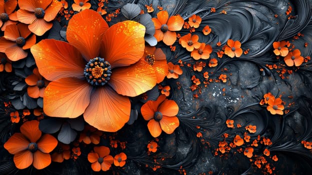 A hyper-detailed, high-resolution 3D rendering featuring an abstract floral-inspired design in vibrant orange and black. The intricate, high-contrast composition combines natural floral motifs with a modern, digital aesthetic, creating a visually rich and immersive background.